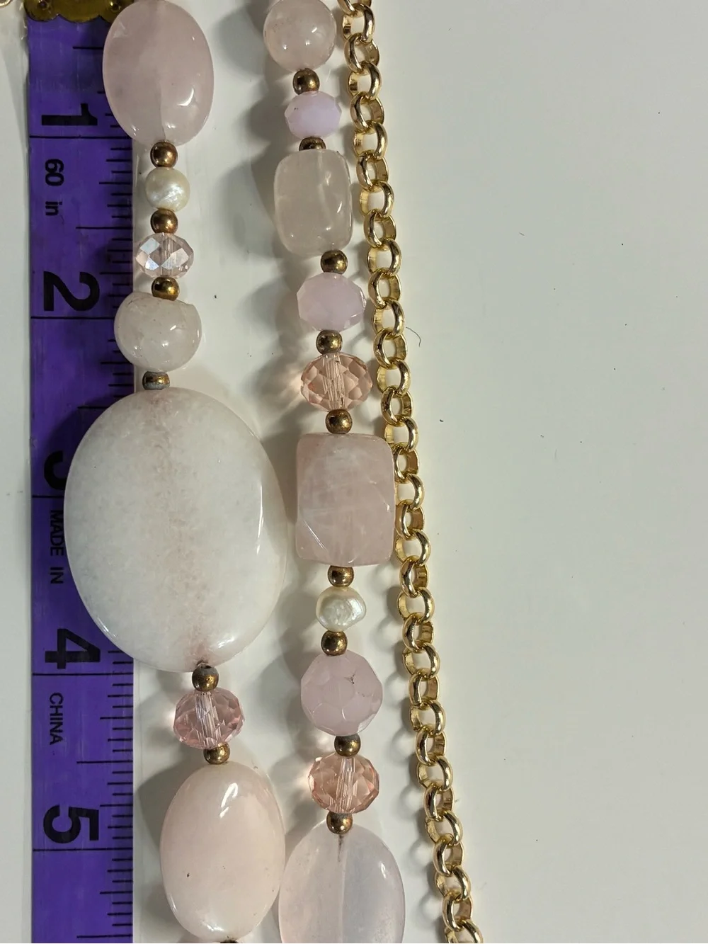 Multi-Strand Pink Rose Quart Chunky Beaded Gold-Tone Statement Necklace 156g